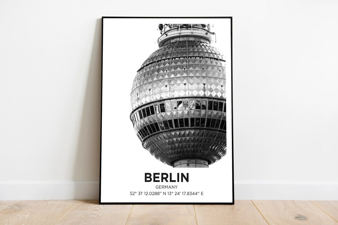 Berlin TV Tower Sphere Black White Architecture Travel Poster