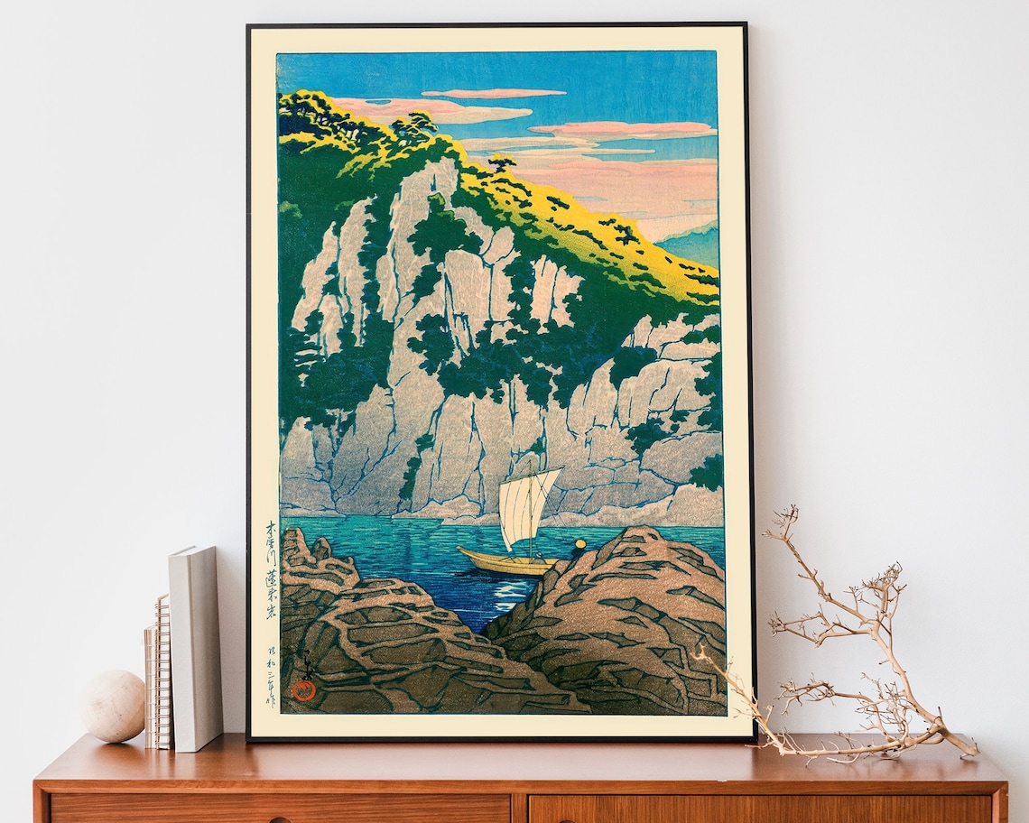 Japanese White Cliffs Sailboat Cove Woodblock Style Sea Poster