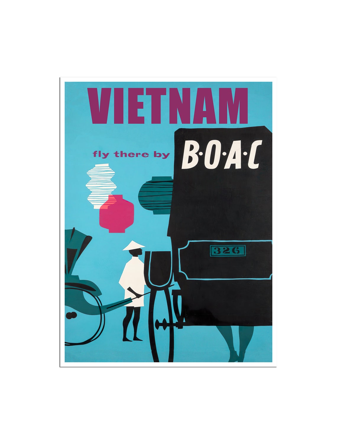 Vietnam BOAC Vintage Rickshaw Lanterns Turquoise Travel Poster