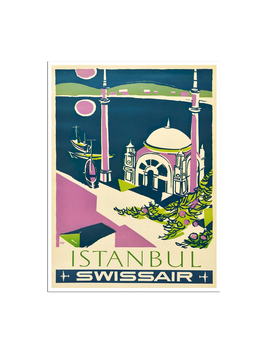 Istanbul Swissair Vintage Travel Poster Turkey Ottoman Mosque Art