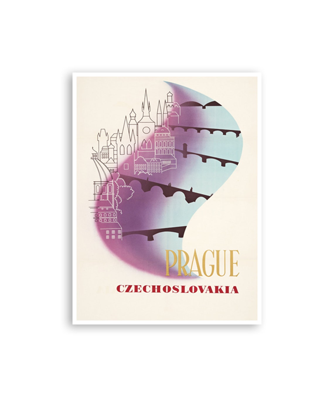 Prague Czechoslovakia Line Art Skyline Bridges Vintage Travel Poster