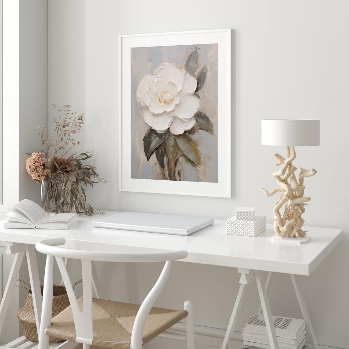 White Camellia Flower in Textured Impasto Botanical Oil Poster - Image 3