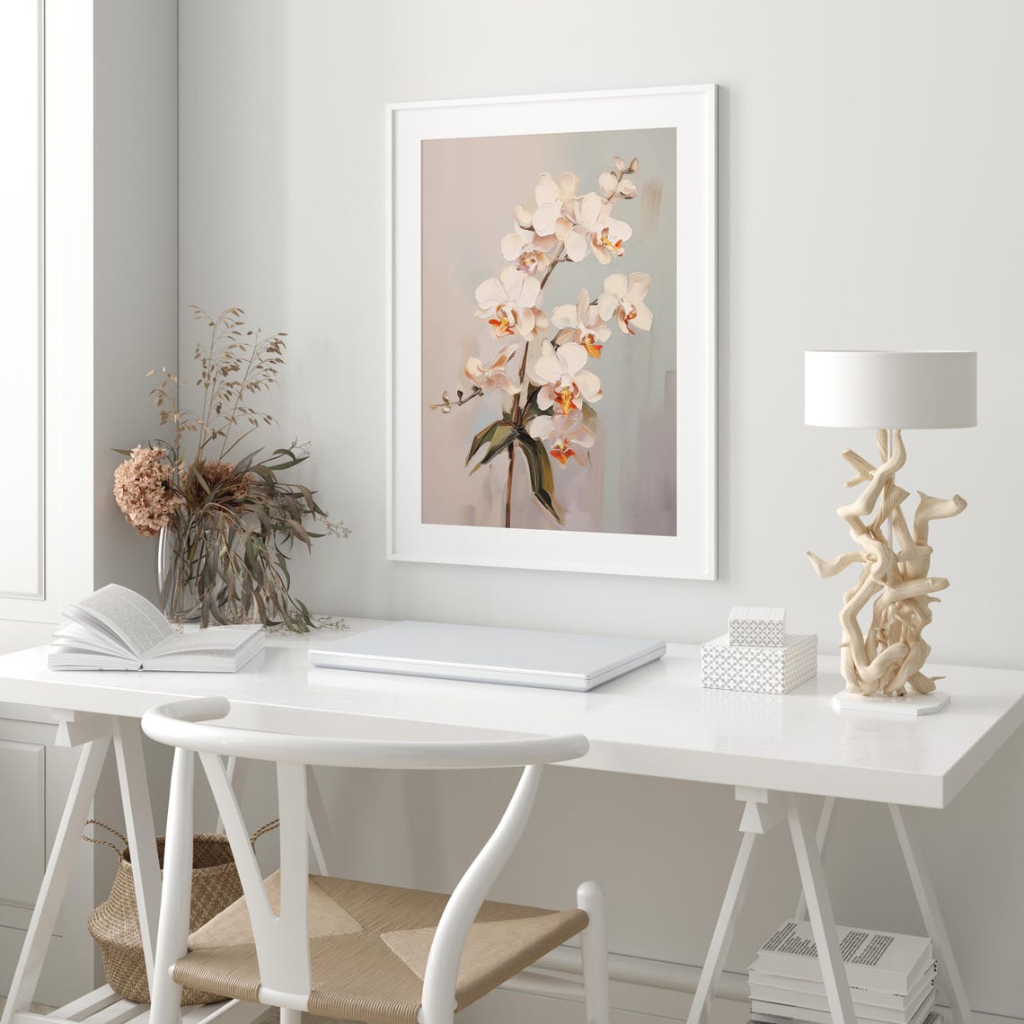 Cream Orchids in Minimalist Pale Green Botanical Still Life Poster - Image 3