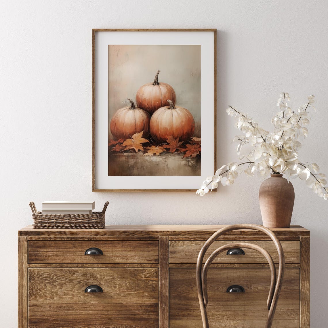 Three Orange Pumpkins Among Maple Leaves Still Life Painting Poster - Image 2