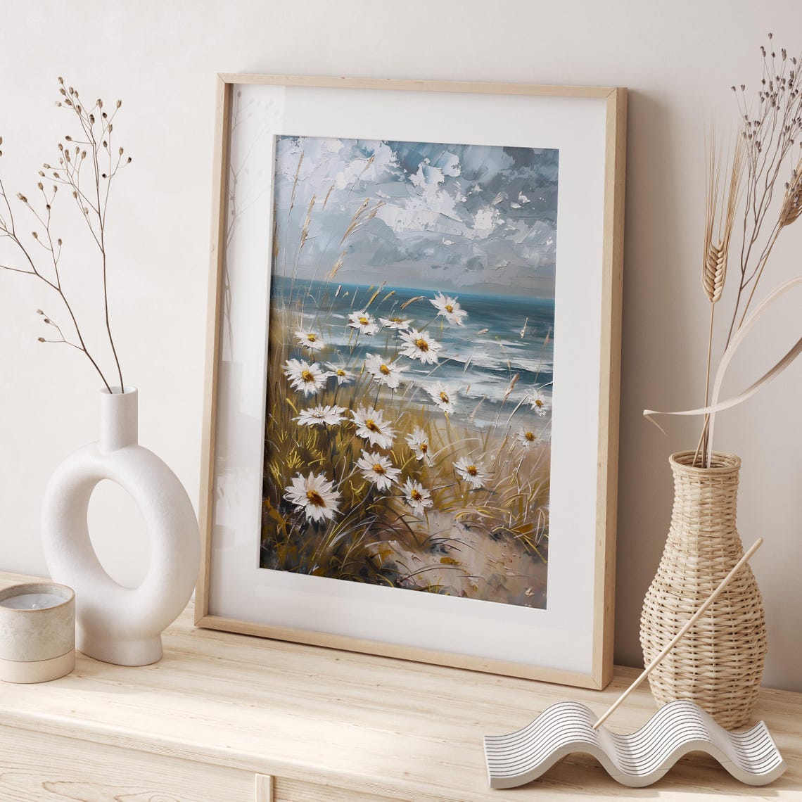 White Daisies by the Sea Coastal Impasto Floral Landscape Poster - Image 2