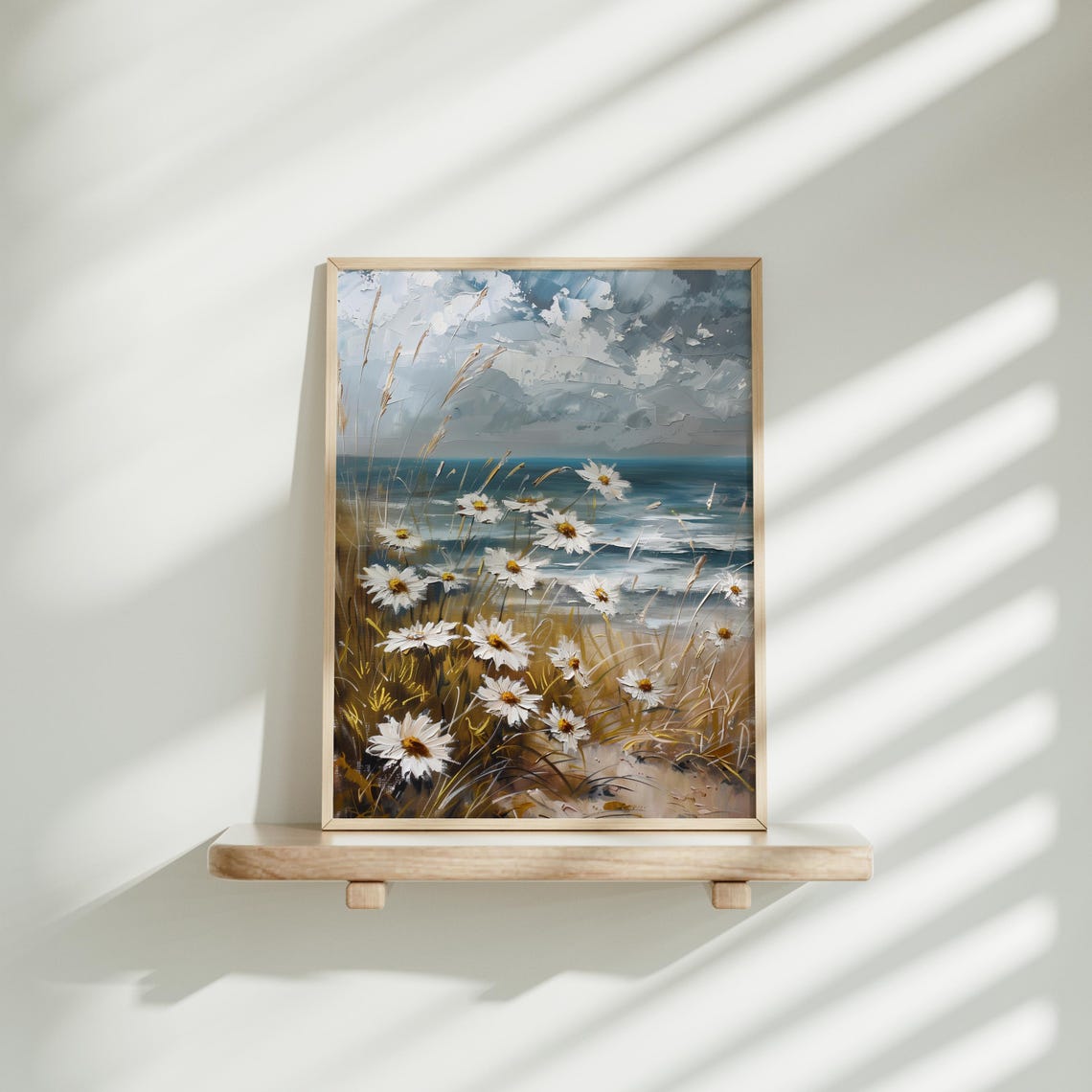 White Daisies by the Sea Coastal Impasto Floral Landscape Poster - Image 4