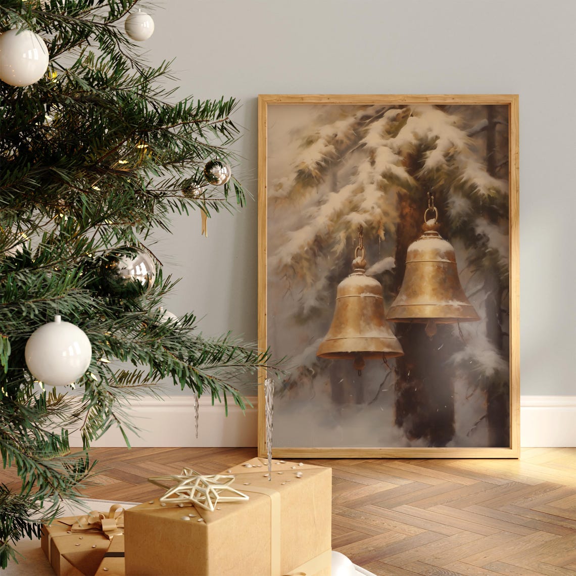 Vintage Christmas Jingle Bells Christmas Print Moody Painting Brass Bells Cozy Winter Farmhouse Holiday Decor Winter Xmas Wall Art - Image 2