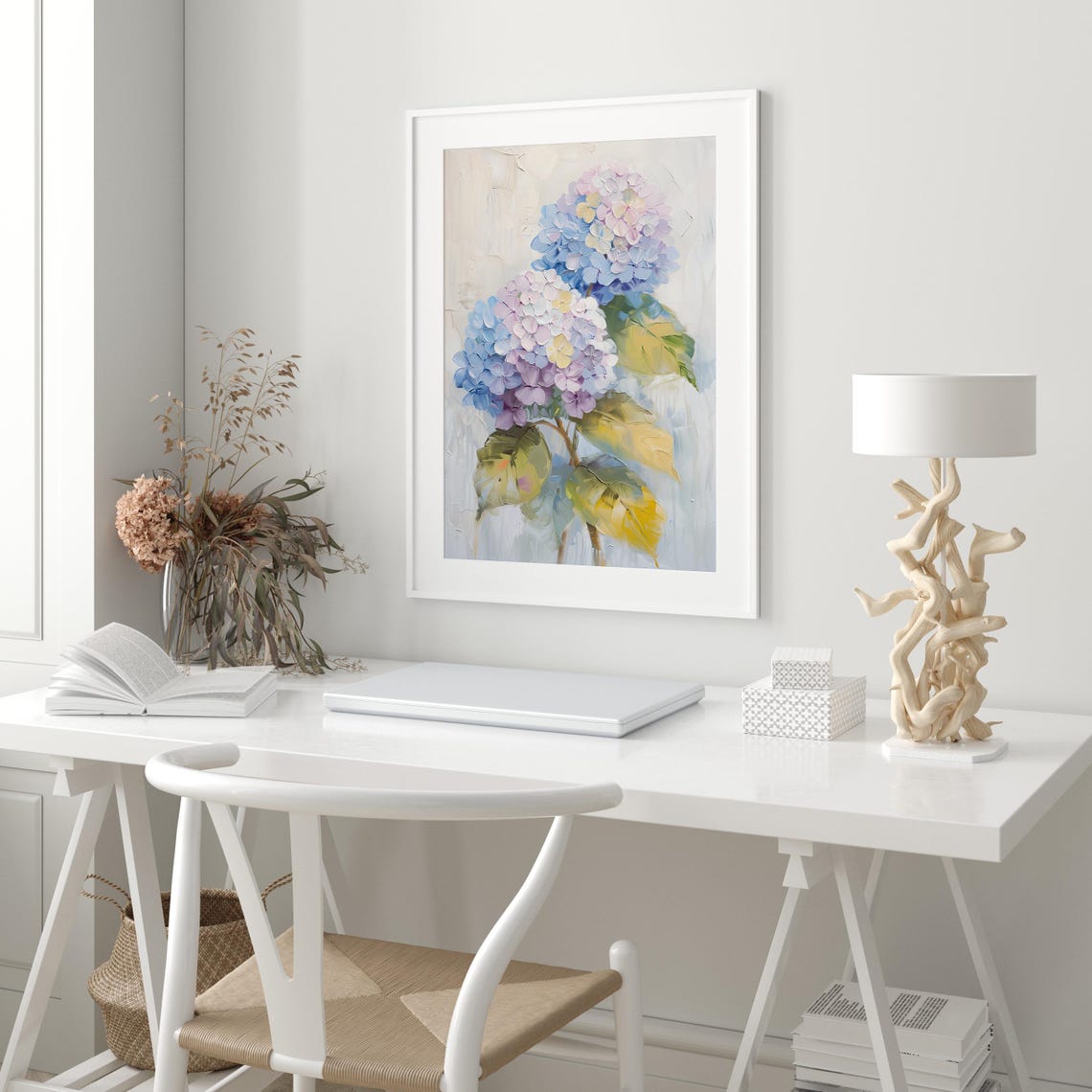 Blue And Pink Hydrangea Blooms Botanical Oil Painting Poster - Image 3