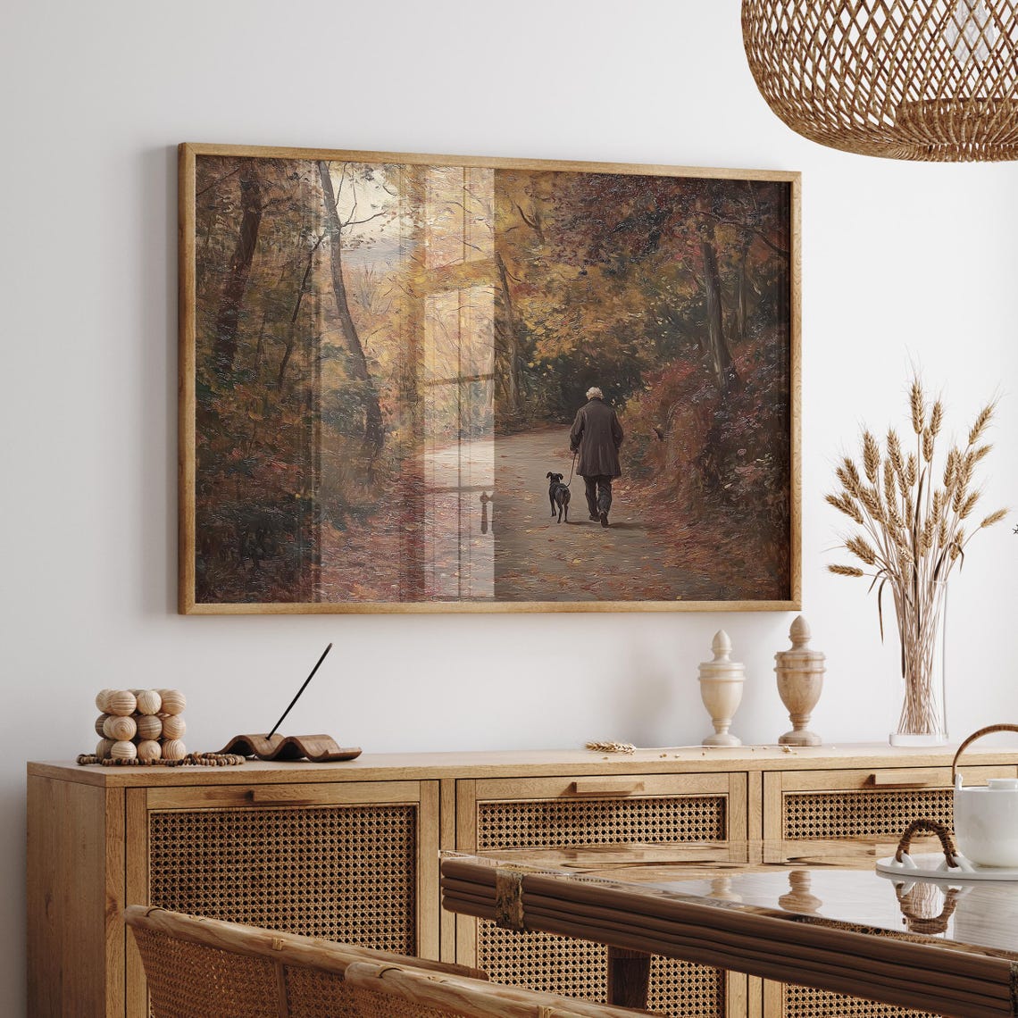 Old Man Walking His Dog Down an Autumn Forest Road Painting Poster - Image 4