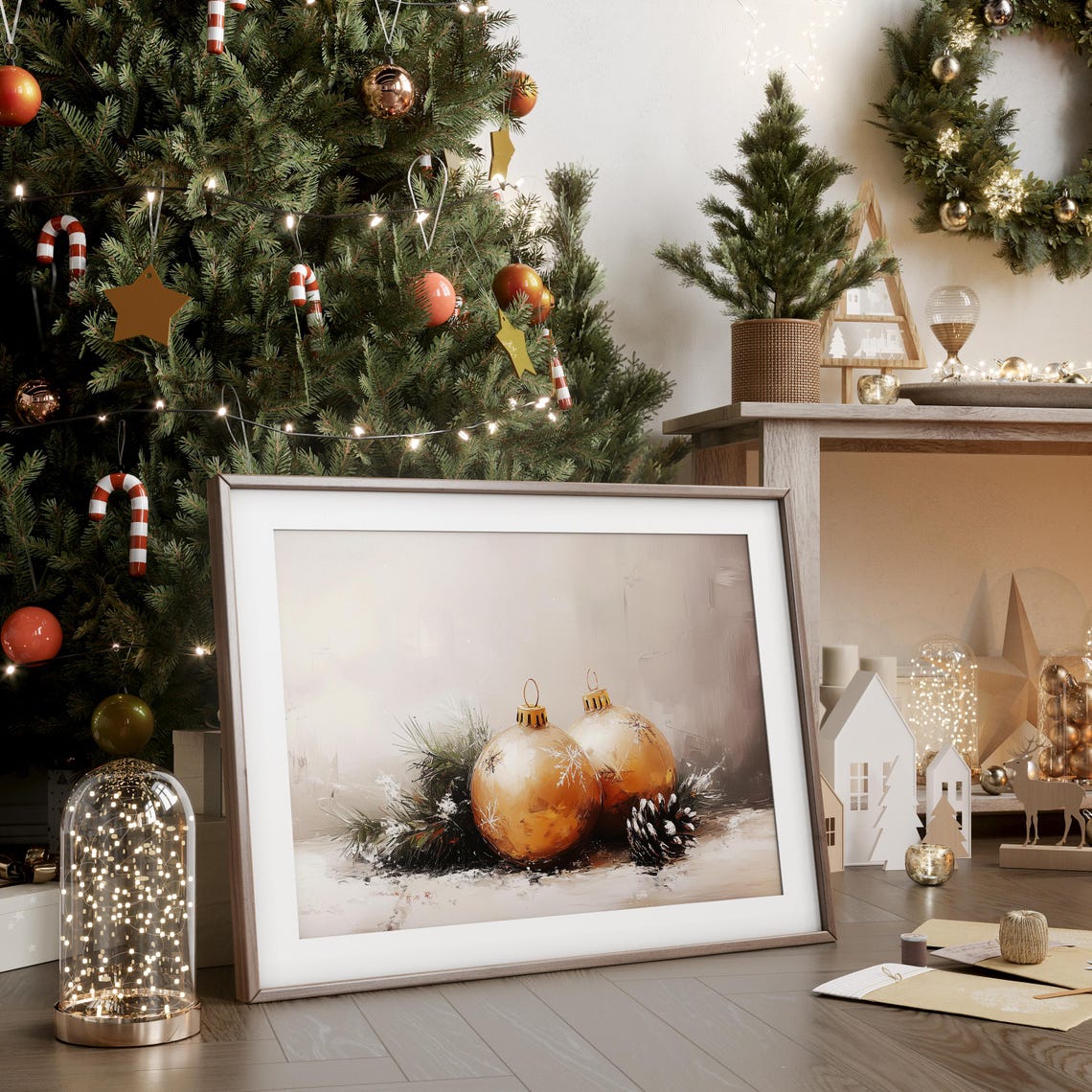 Golden Christmas Baubles In Snow Cozy Vintage Still Life Poster - Image 4