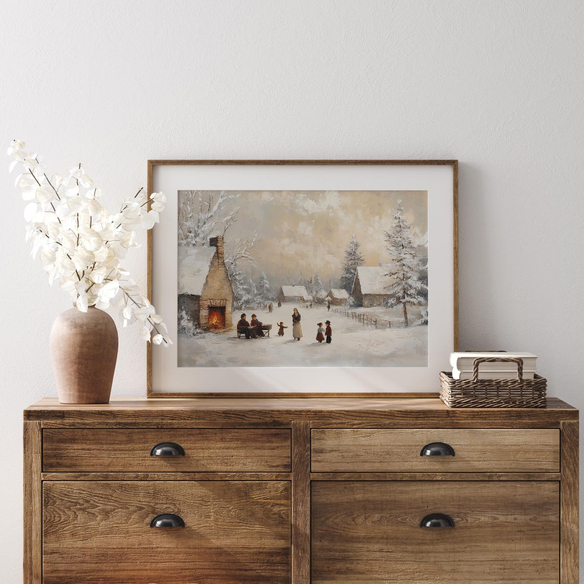 Vintage Winter Village Scene Cozy Snowy Countryside Painting Rustic Christmas Wall Art Farmhouse Holiday Decor Winter Family Artwork - Image 4