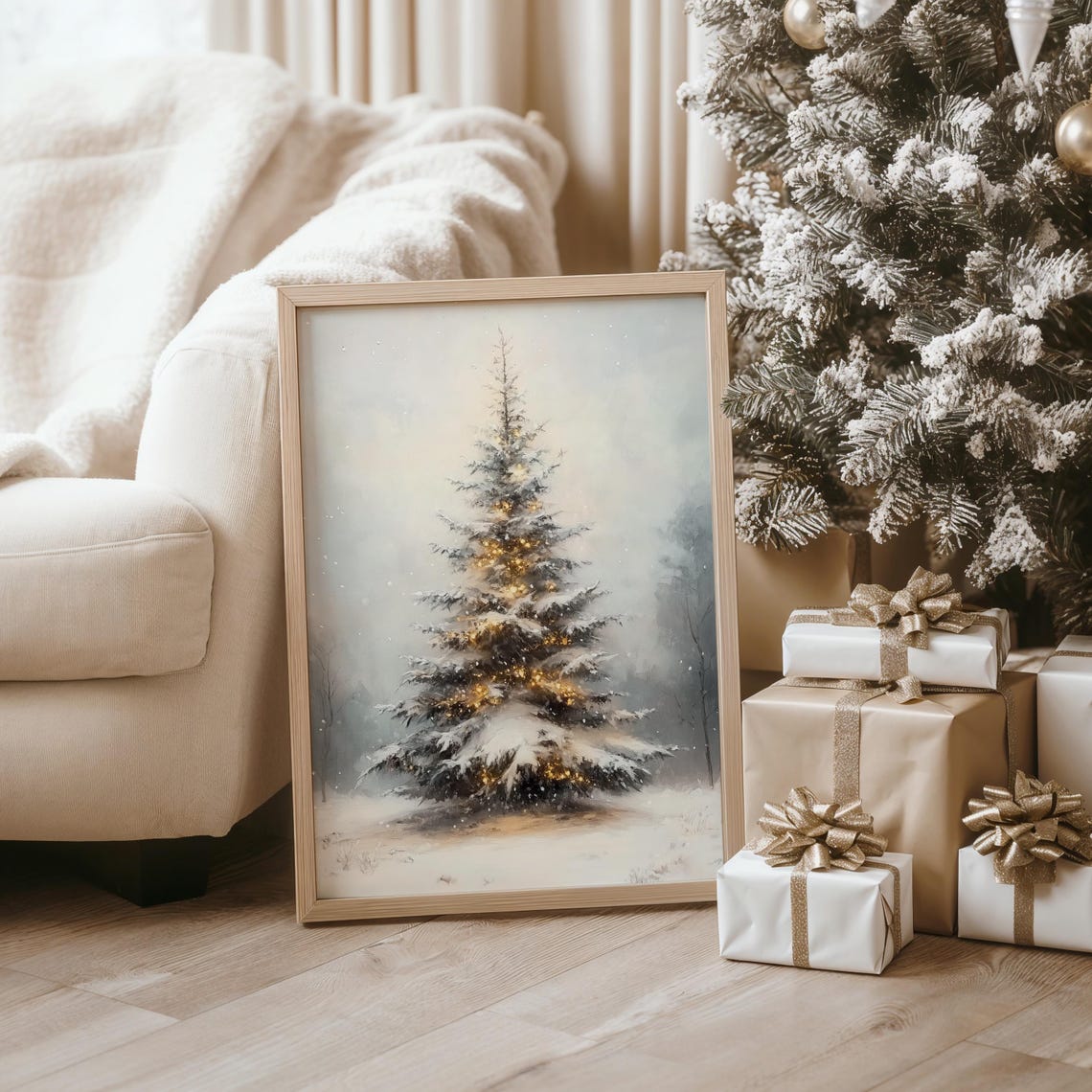 Glowing Christmas Tree with Lights in Snowy Field Winter Poster - Image 3