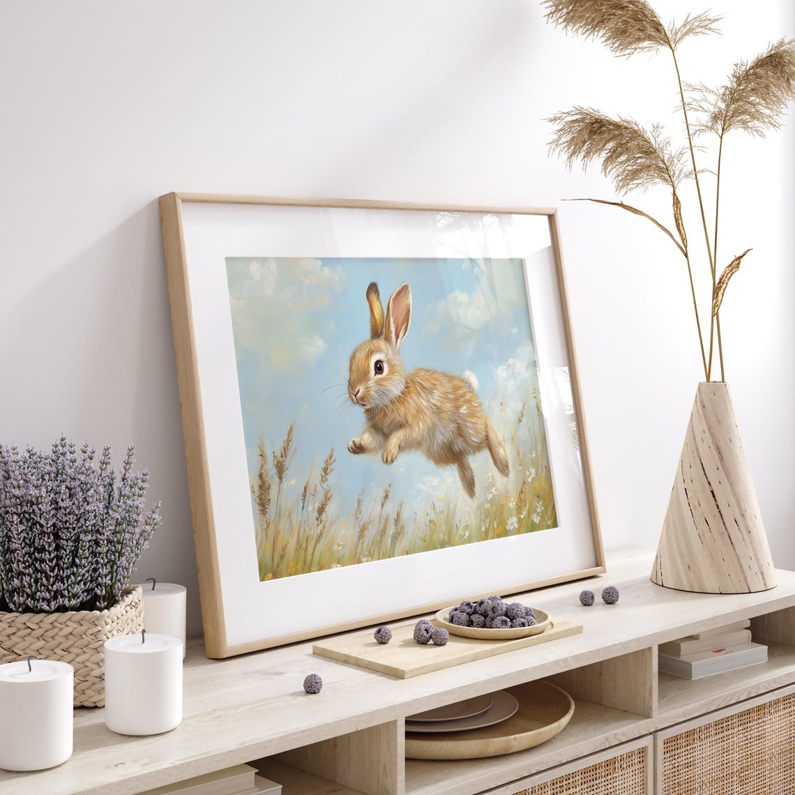 Leaping Bunny Above A Wildflower Meadow Under A Blue Sky Poster - Image 2