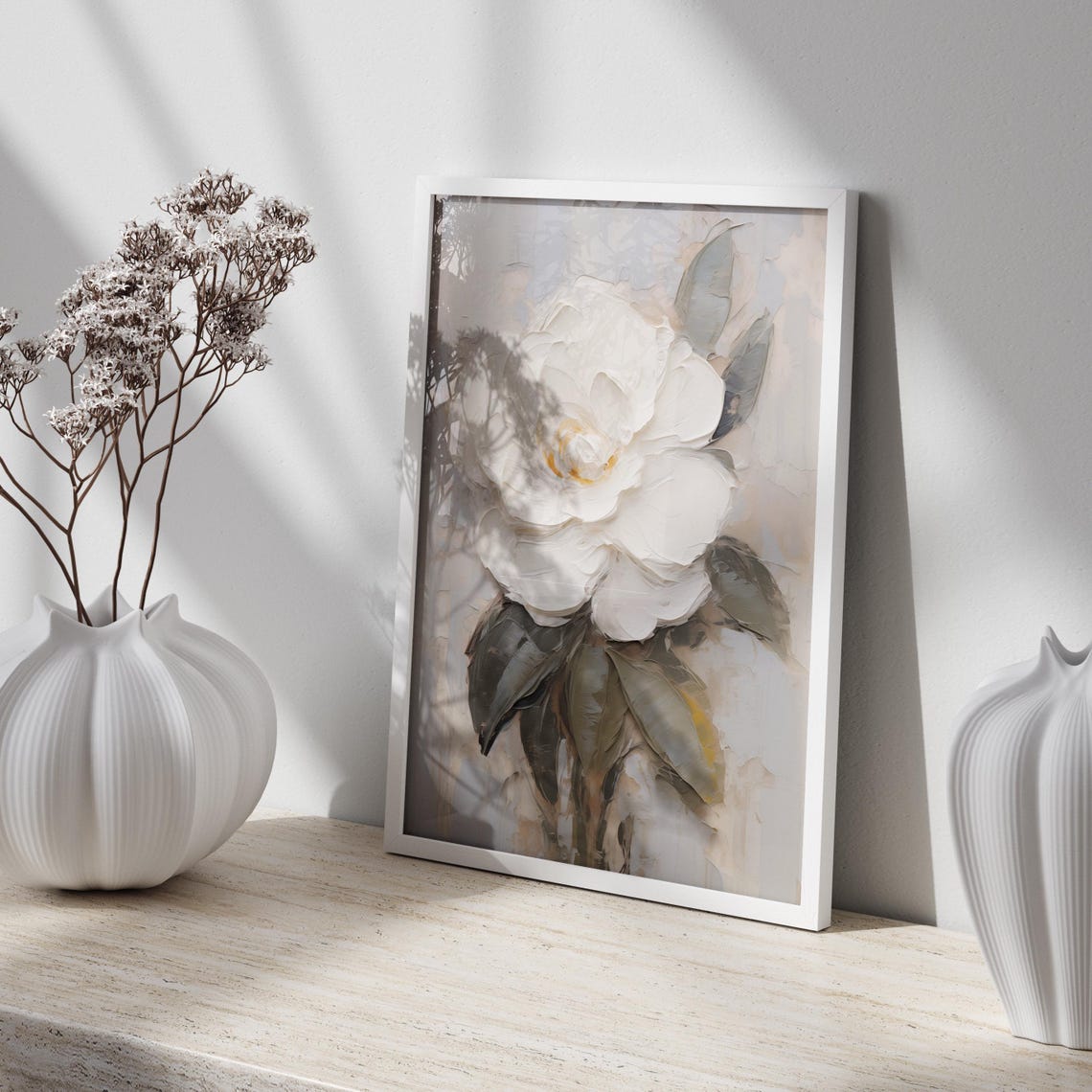White Camellia Flower in Textured Impasto Botanical Oil Poster - Image 4