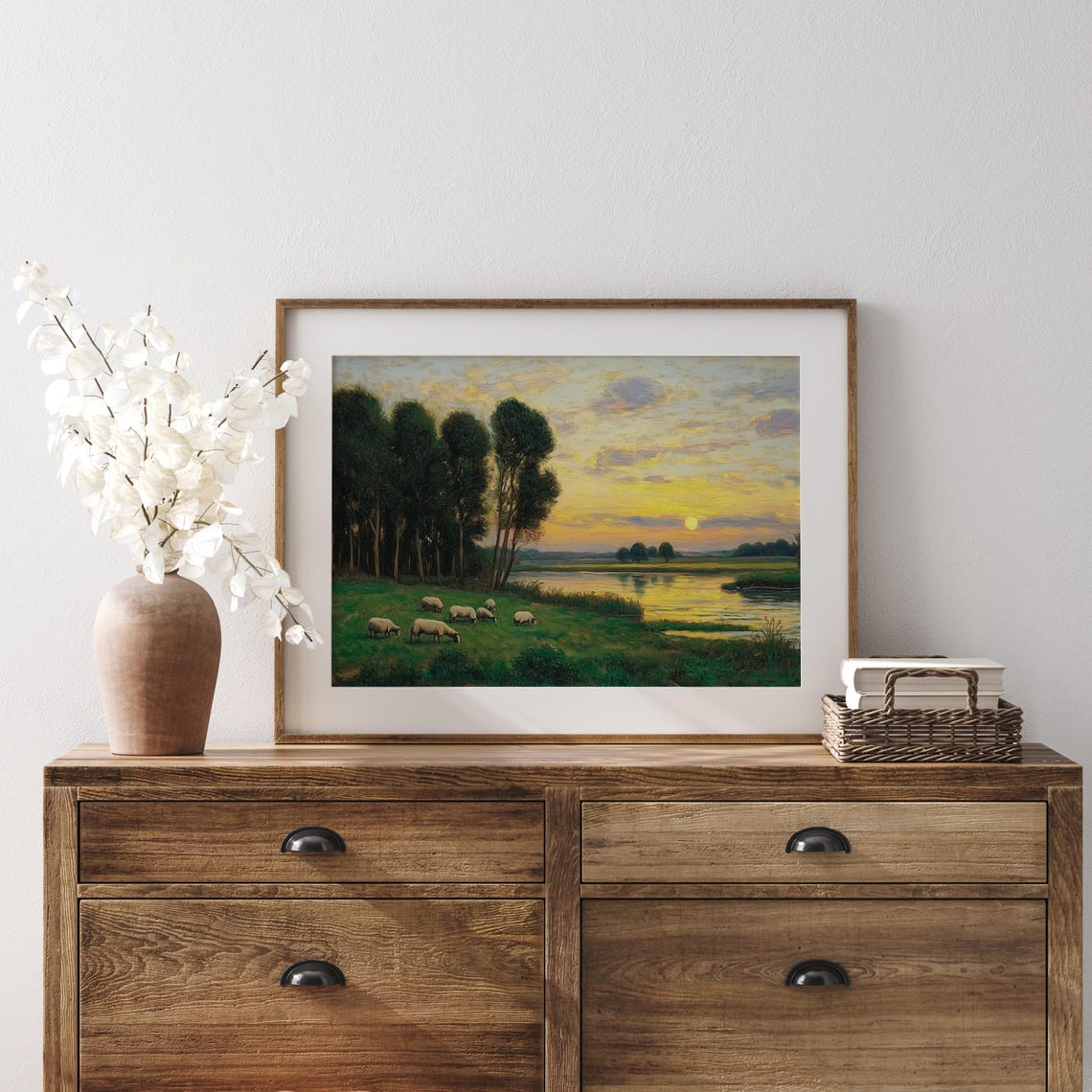 Sheep by River at Golden Sunset Pastoral Landscape Art Poster - Image 4