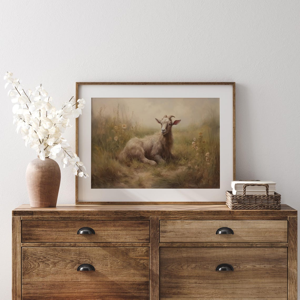 Young Goat Resting In Tall Grass On A Hazy Morning Farm Poster - Image 4