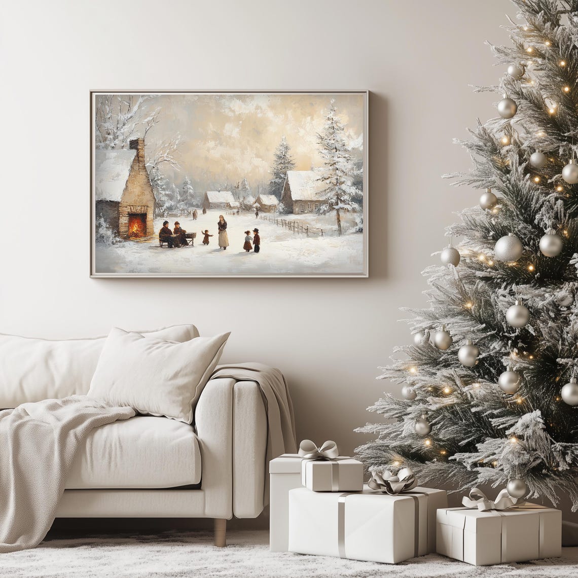 Vintage Snowy Village Gathering Cozy Winter Holiday Art Poster - Image 3