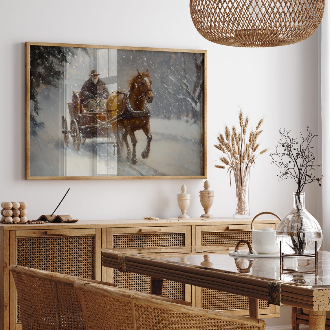 Vintage Horse Painting Vintage Holiday Farmhouse Oil Painting Sleigh Ride Wall Art Country Christmas Landscape Xmas Wall Art - Image 2