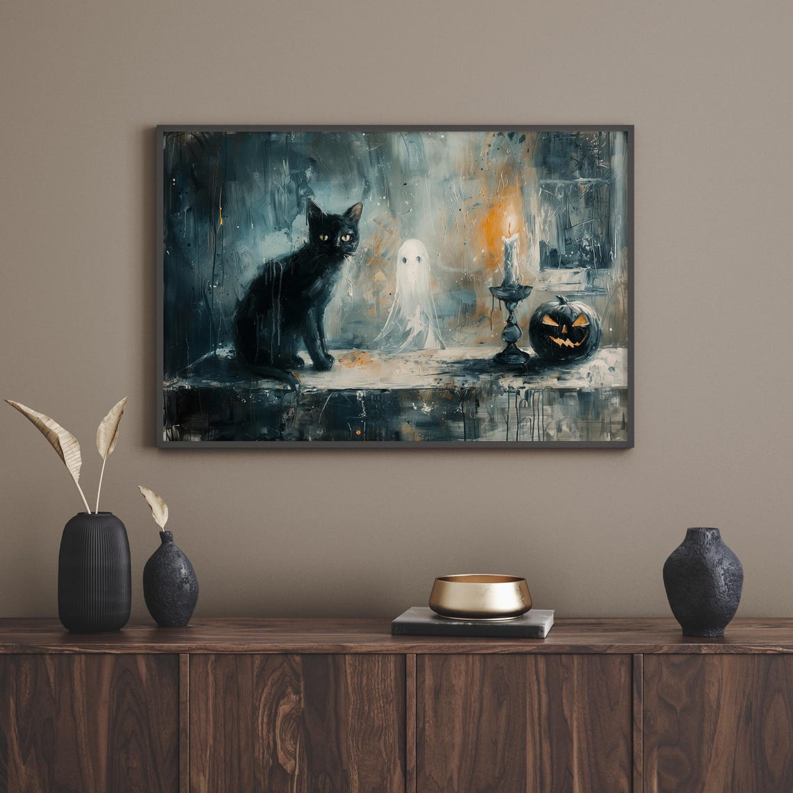 Black Cat And Ghost With A Candle And Jack-O-Lantern Halloween Poster - Image 4