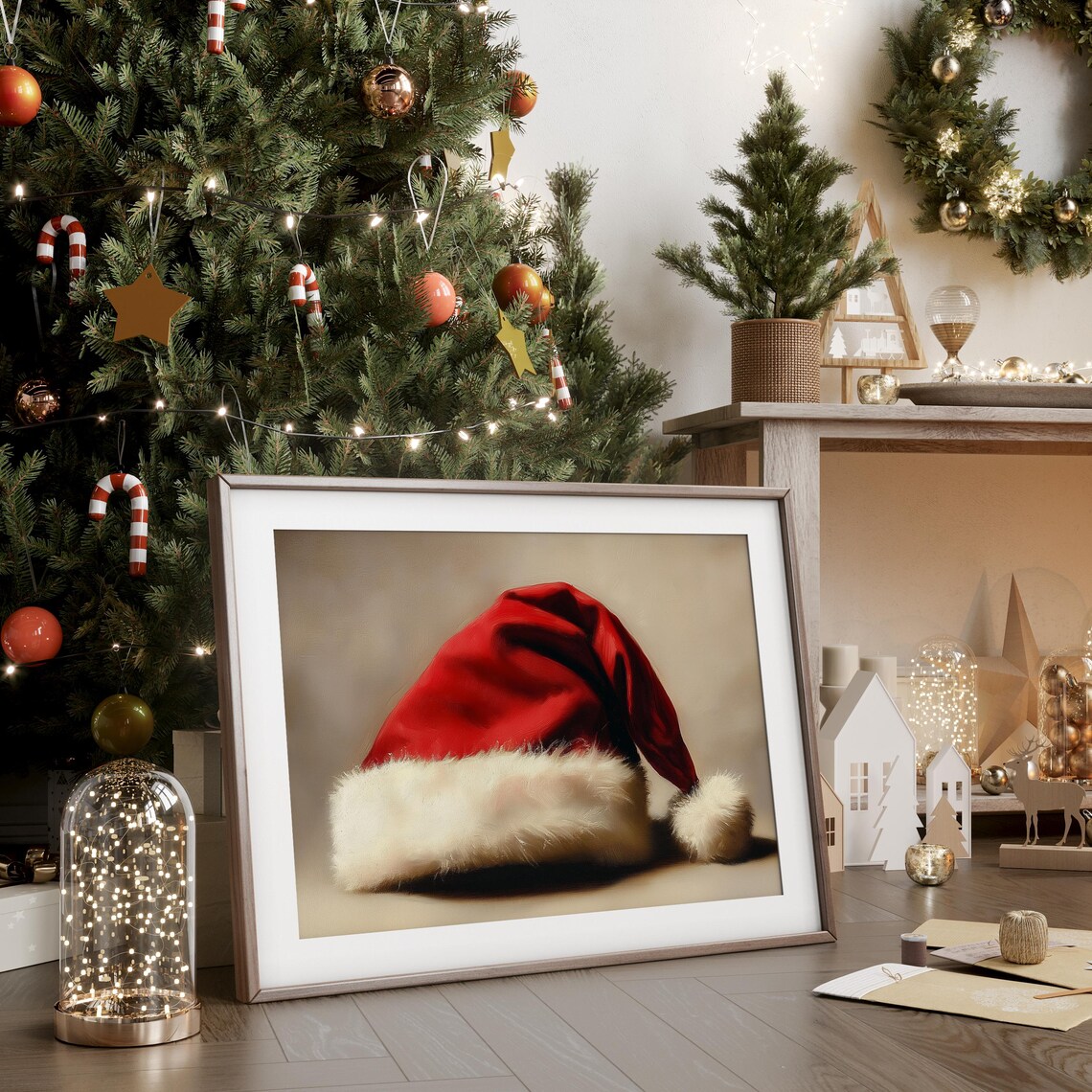 Santa Claus Hat Vintage Christmas Frame Art Moody Painting Farmhouse Painting Christmas Hat Paint Holiday Decor Xmas Wall Art - Image 3