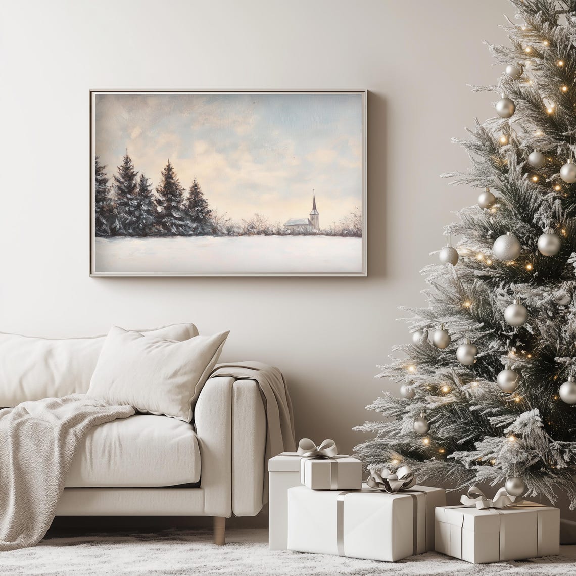 Snowy Field Evergreens with Distant Church Soft Winter Poster - Image 3