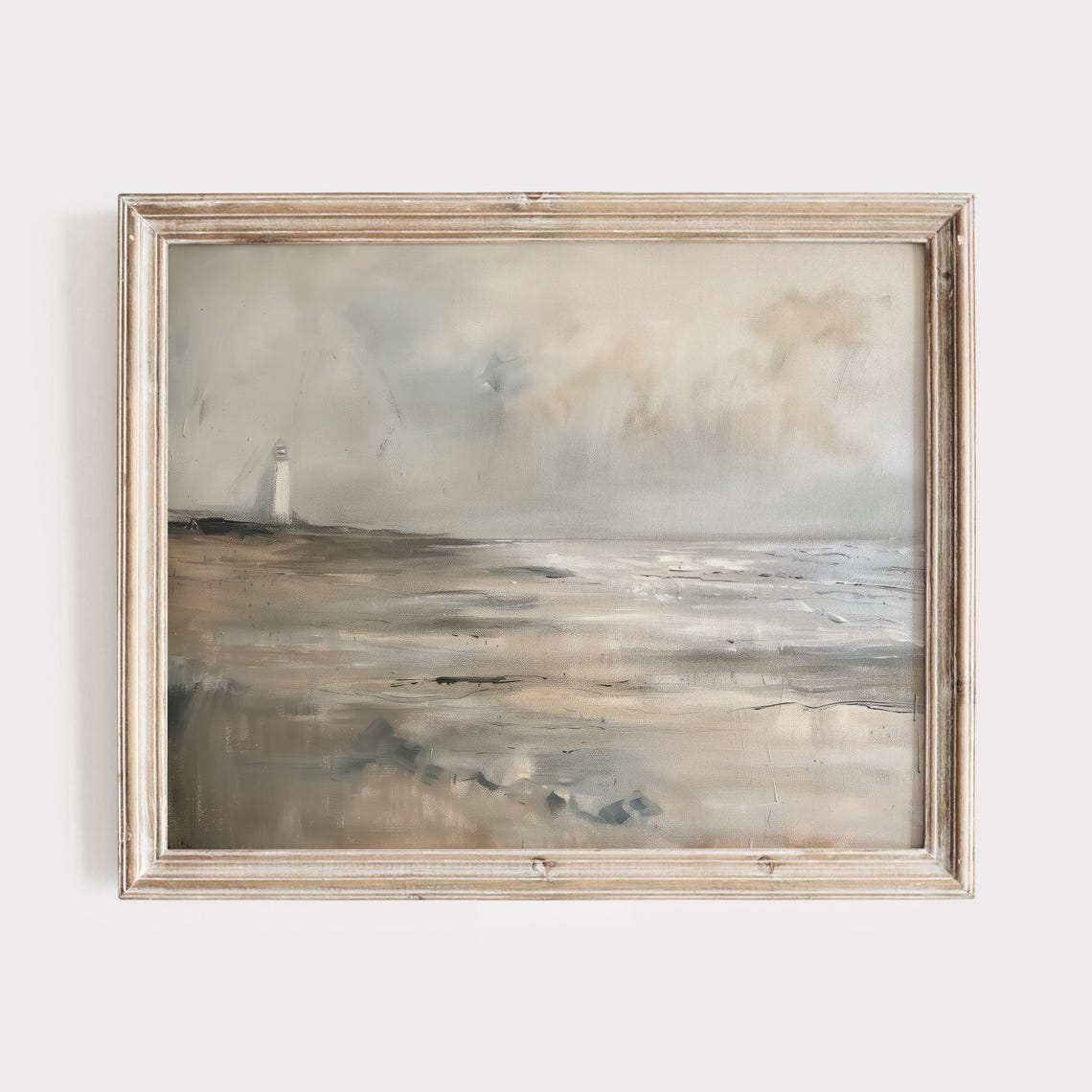 Misty Beach Seascape With A Distant Lighthouse Coastal Art Poster