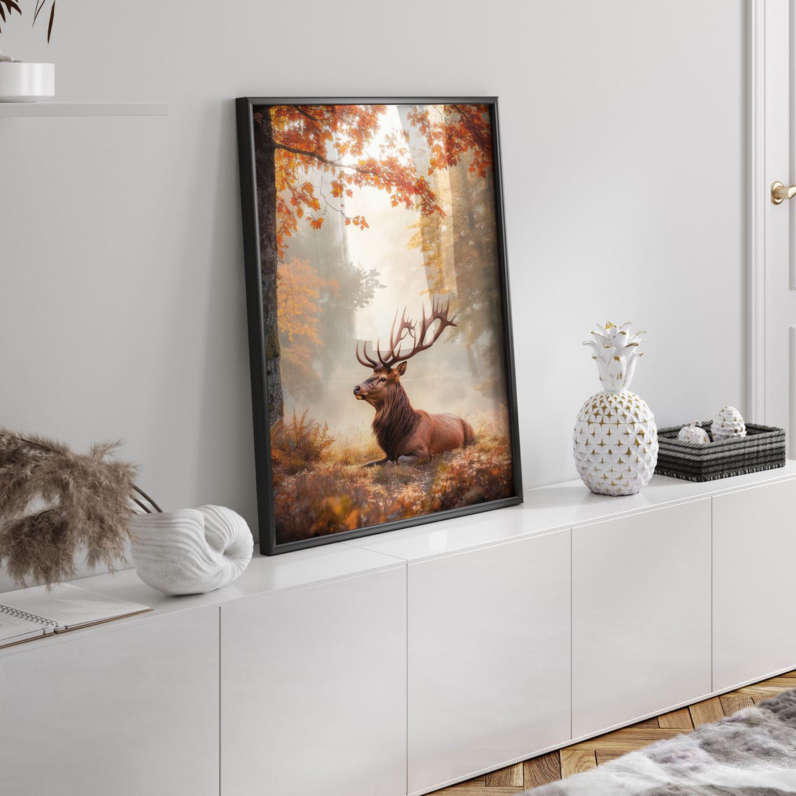 Red Stag Resting in a Misty Golden Autumn Forest Clearing Poster - Image 2