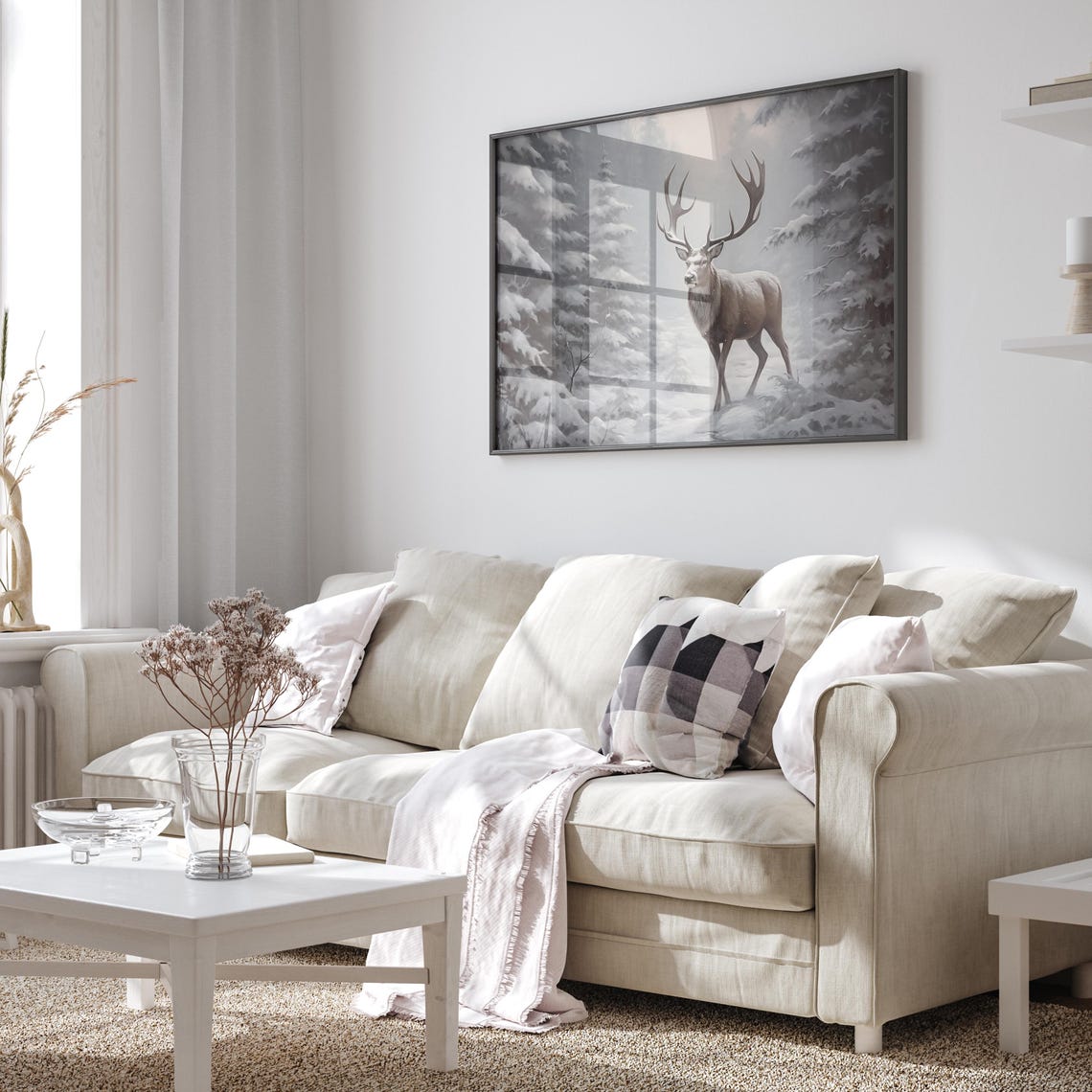 Majestic Buck with Large Antlers Walking Snowy Forest Poster - Image 2