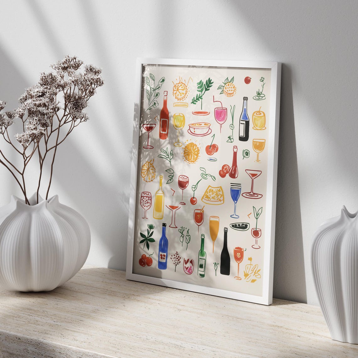 Colorful Hand-Drawn Cocktails and Bottles Fun Bar Cart Art Poster - Image 2