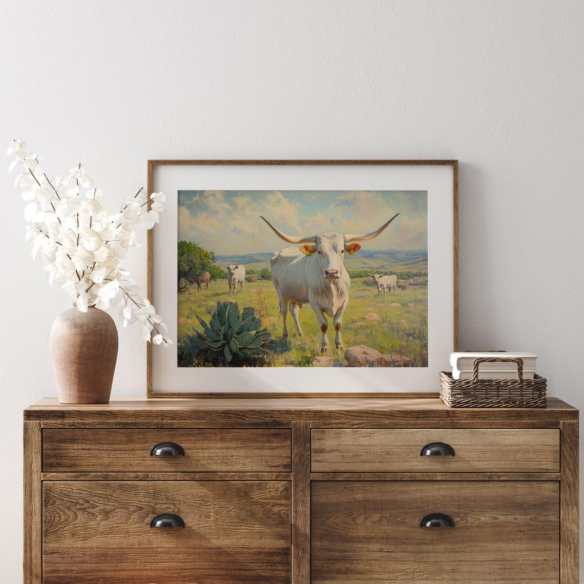White Texas Longhorn Cattle Rustic Western Ranch Meadow Art Poster - Image 4