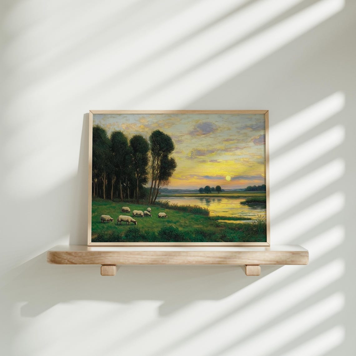 Sheep by River at Golden Sunset Pastoral Landscape Art Poster - Image 2