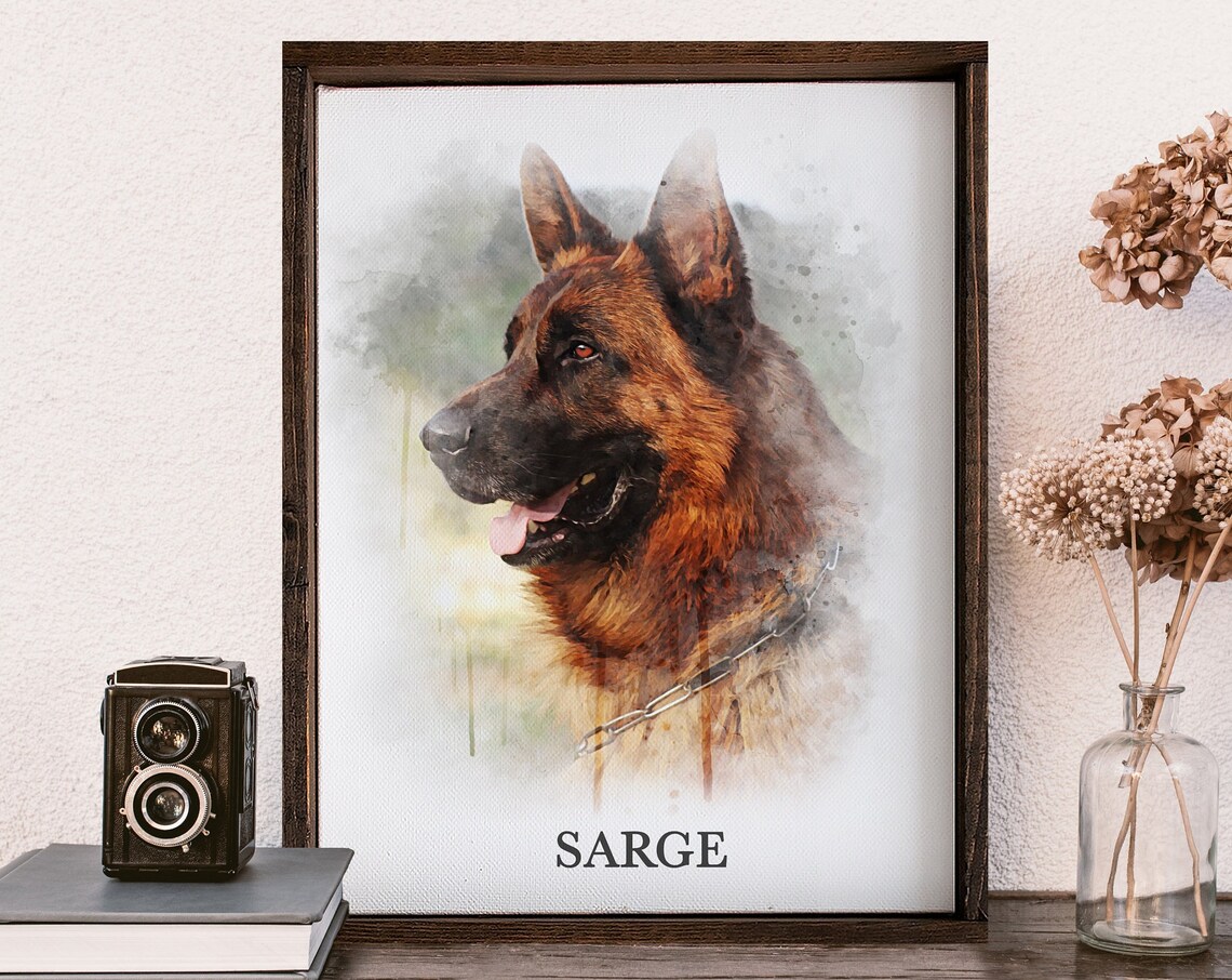 Sarge German Shepherd Watercolor Custom Pet Portrait Dog Name Poster