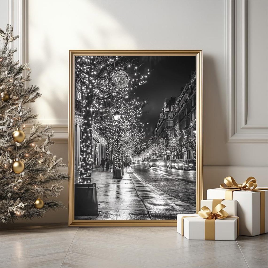 Paris Black and White Festive Night City Lights Christmas Poster
