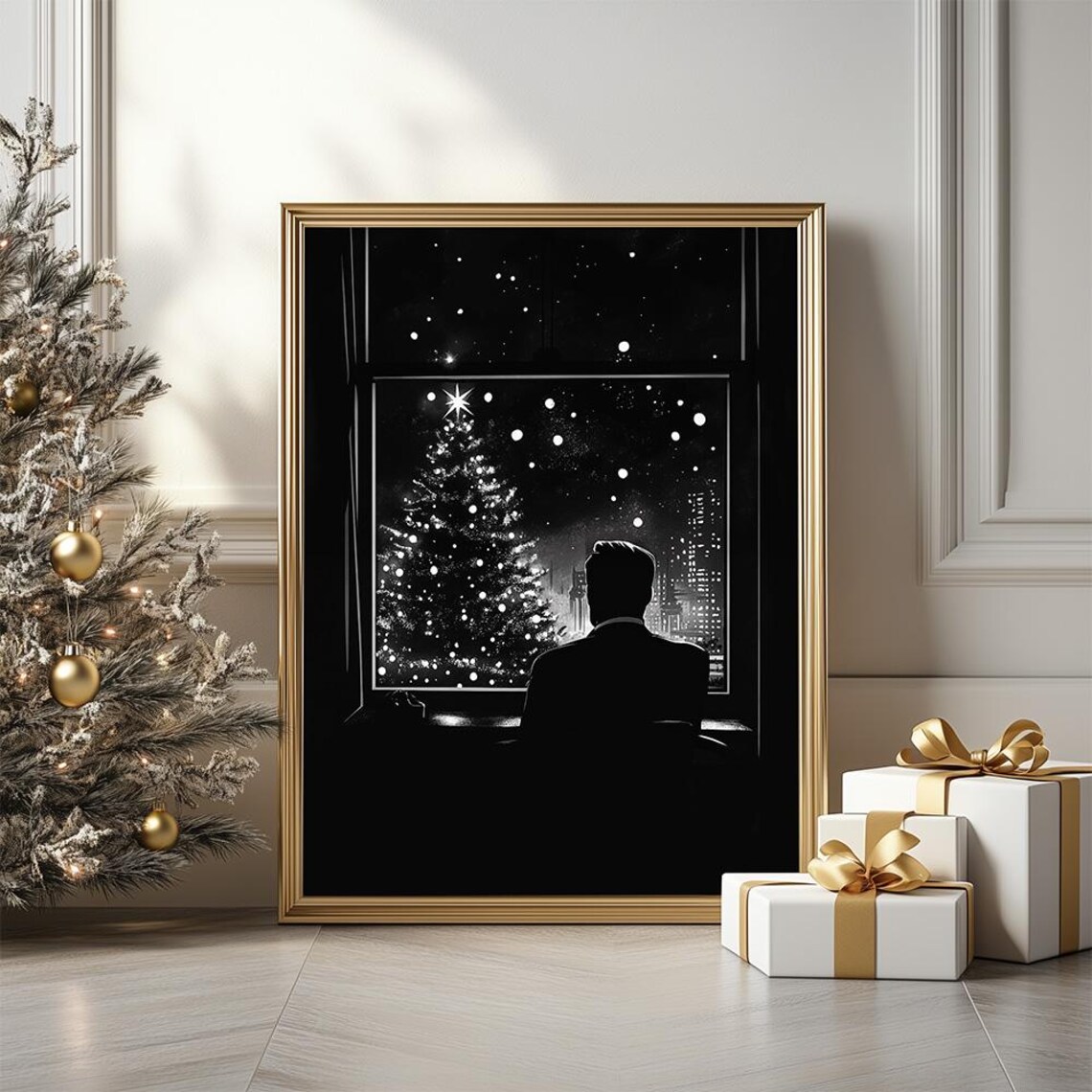 Retro Noir Christmas Window Scene Man Silhouette Snowy Night Art Print