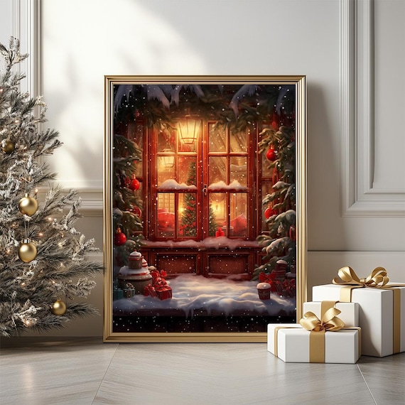 Cozy Christmas Window With Gifts On Snowy Winter Night Art Poster