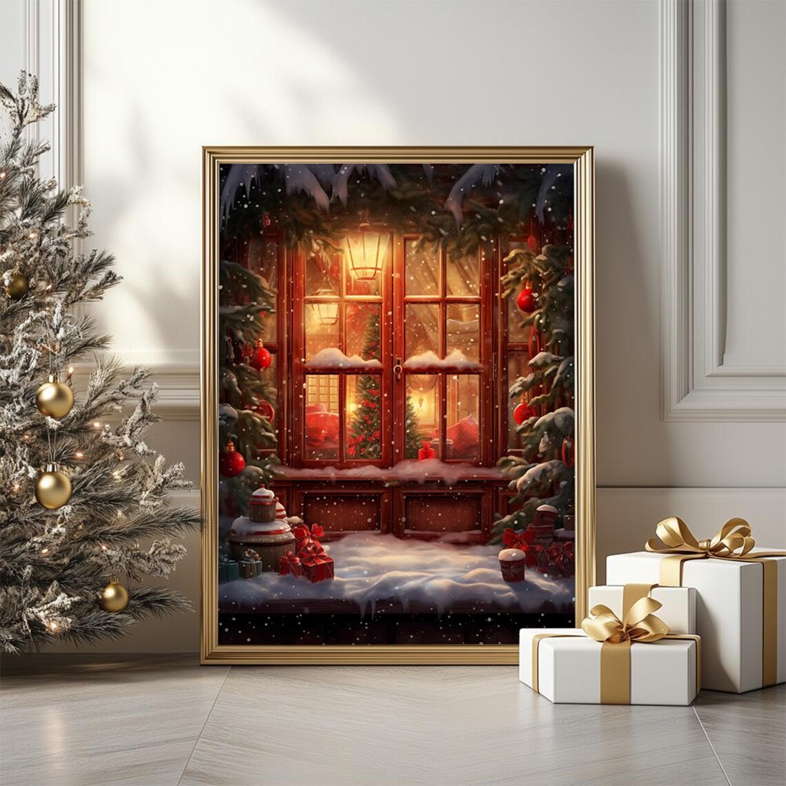 Cozy Christmas Window With Gifts On Snowy Winter Night Art Poster
