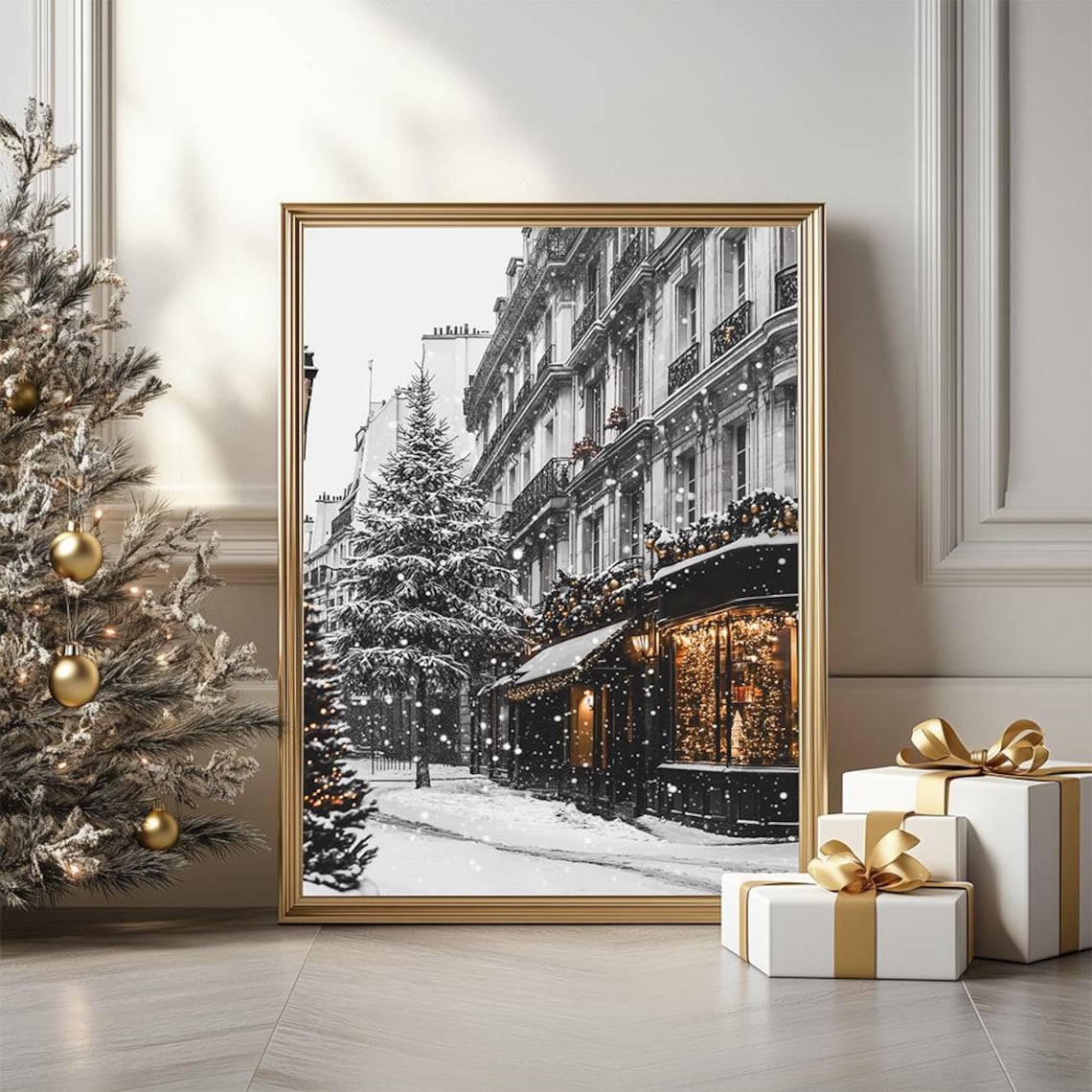 Paris Snowy Winter Christmas Street Black and White Travel Poster