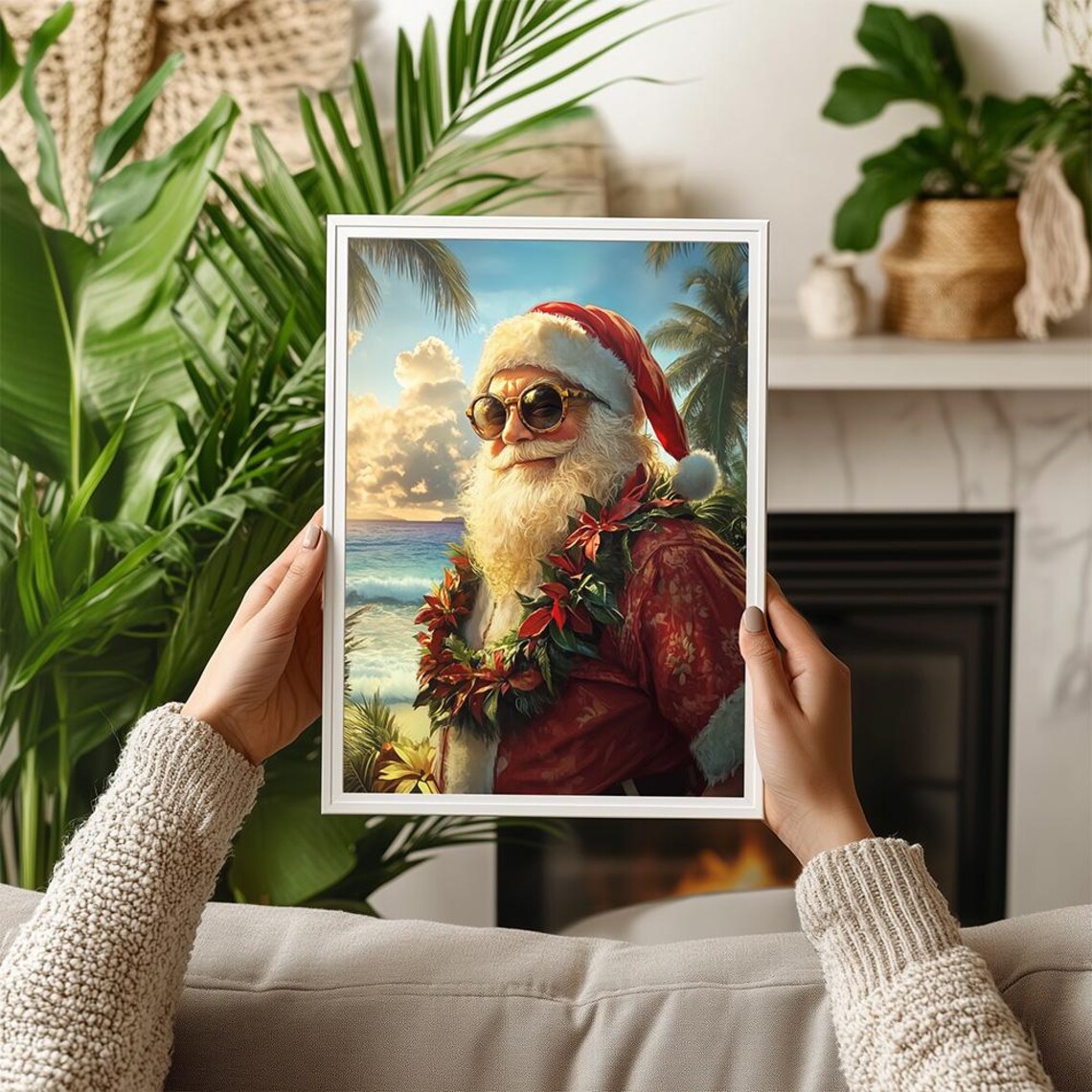 Tropical Santa Portrait Poster With Sunglasses and Hawaiian Beach - Image 3