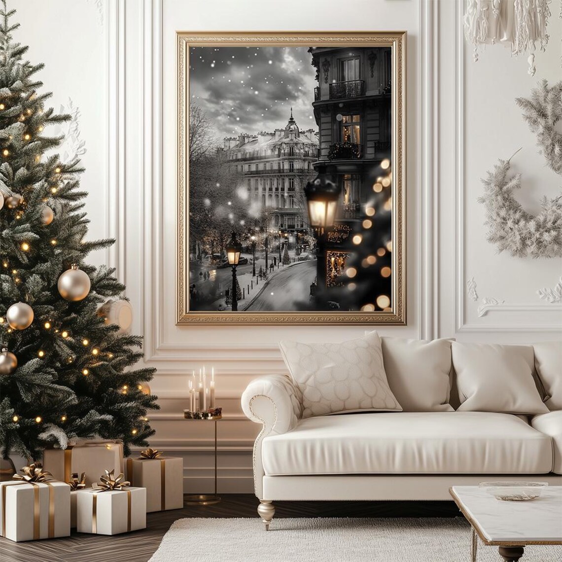 Paris Winter Snow Evening Street Lamps Scene Painting Poster - Image 3
