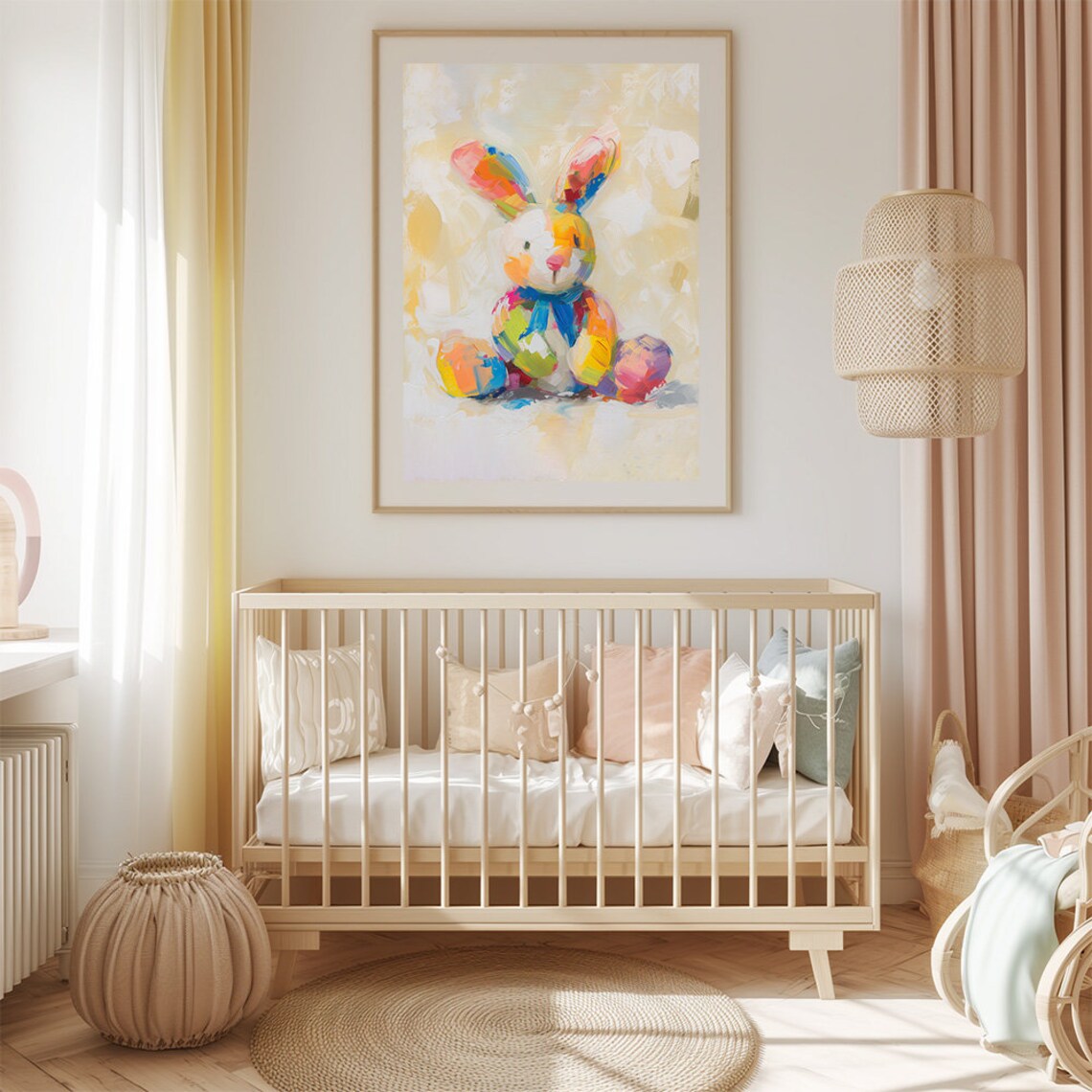 Colorful Watercolor Plush Bunny Toy Nursery Kids Room Wall Art - Image 2