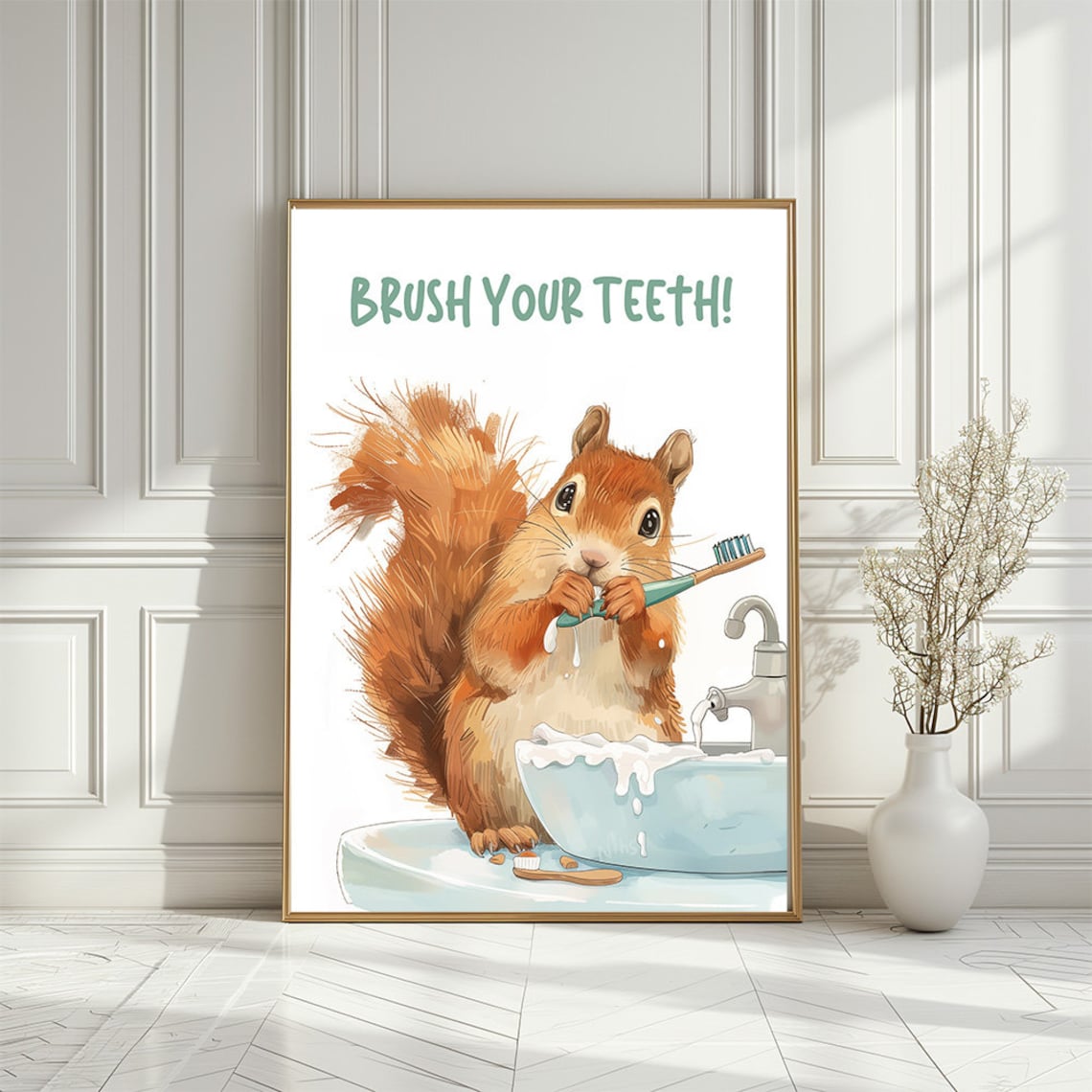Cute Squirrel Brush Your Teeth Funny Animal Kids Bathroom Print