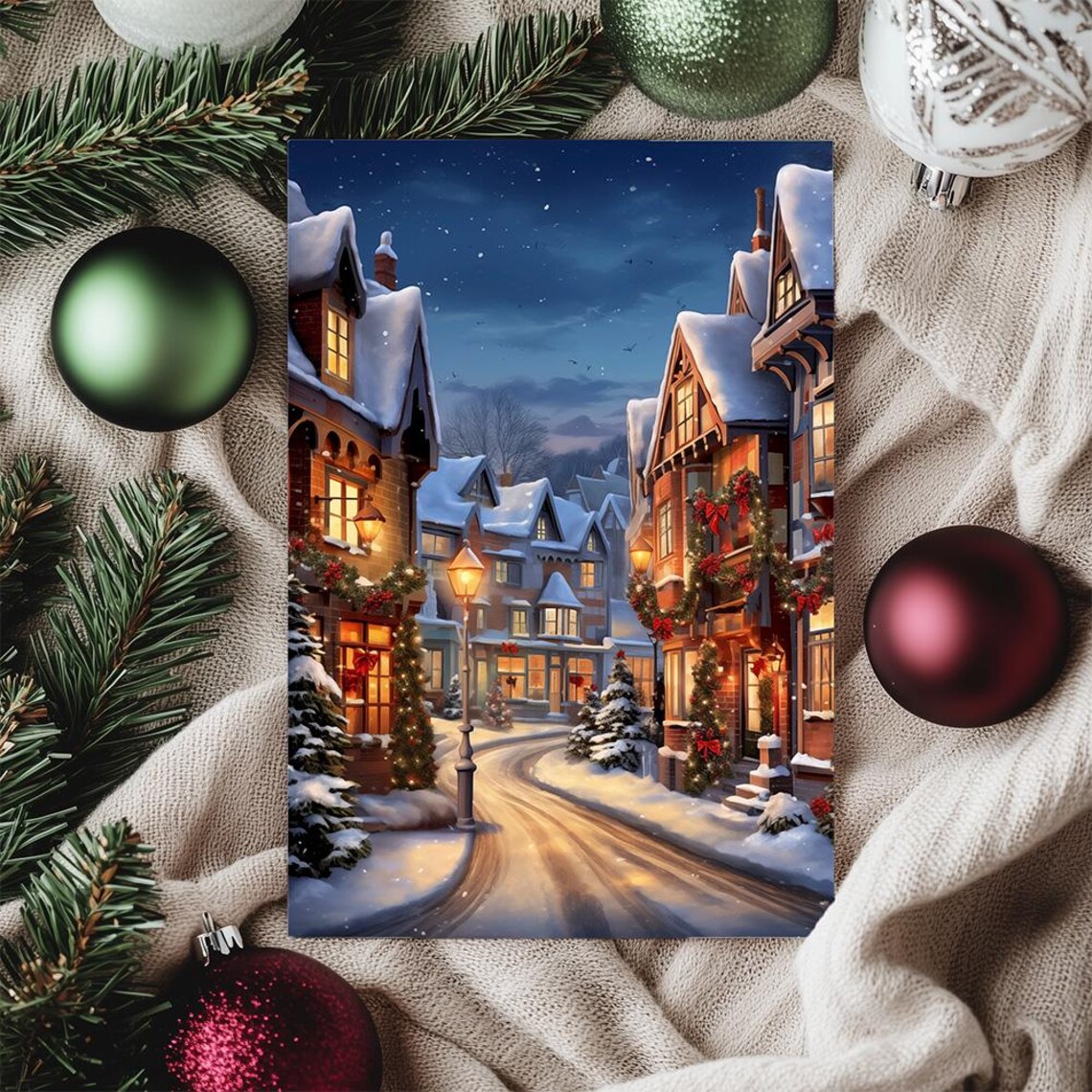 Snowy Christmas Village Street Scene Festive Night Winter Town Poster - Image 3
