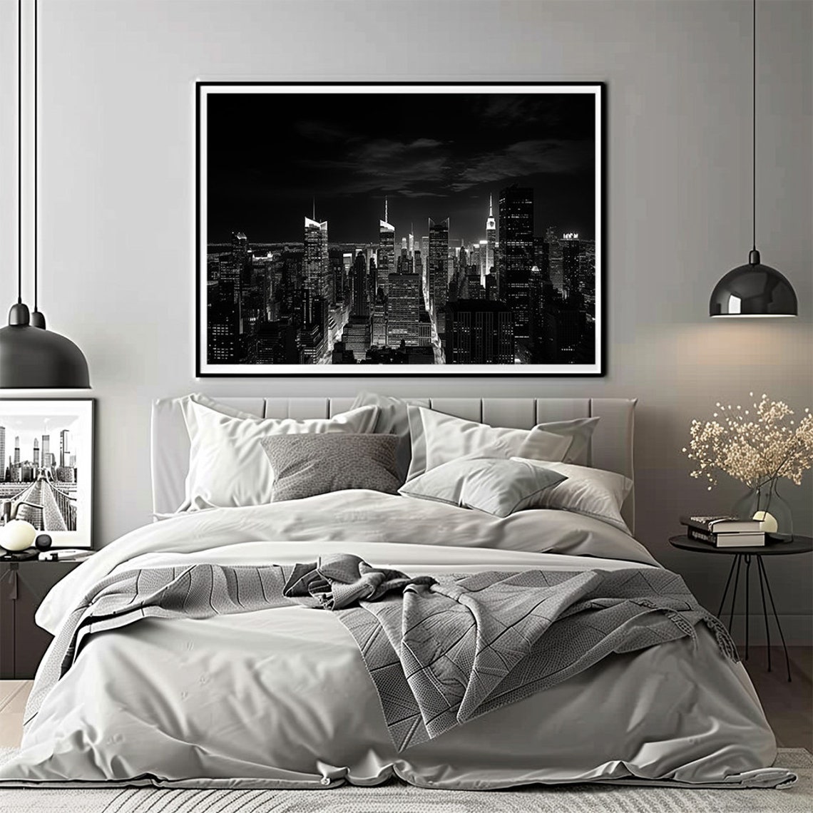 Midtown Manhattan Night Skyscraper Skyline Black White Poster - Image 2