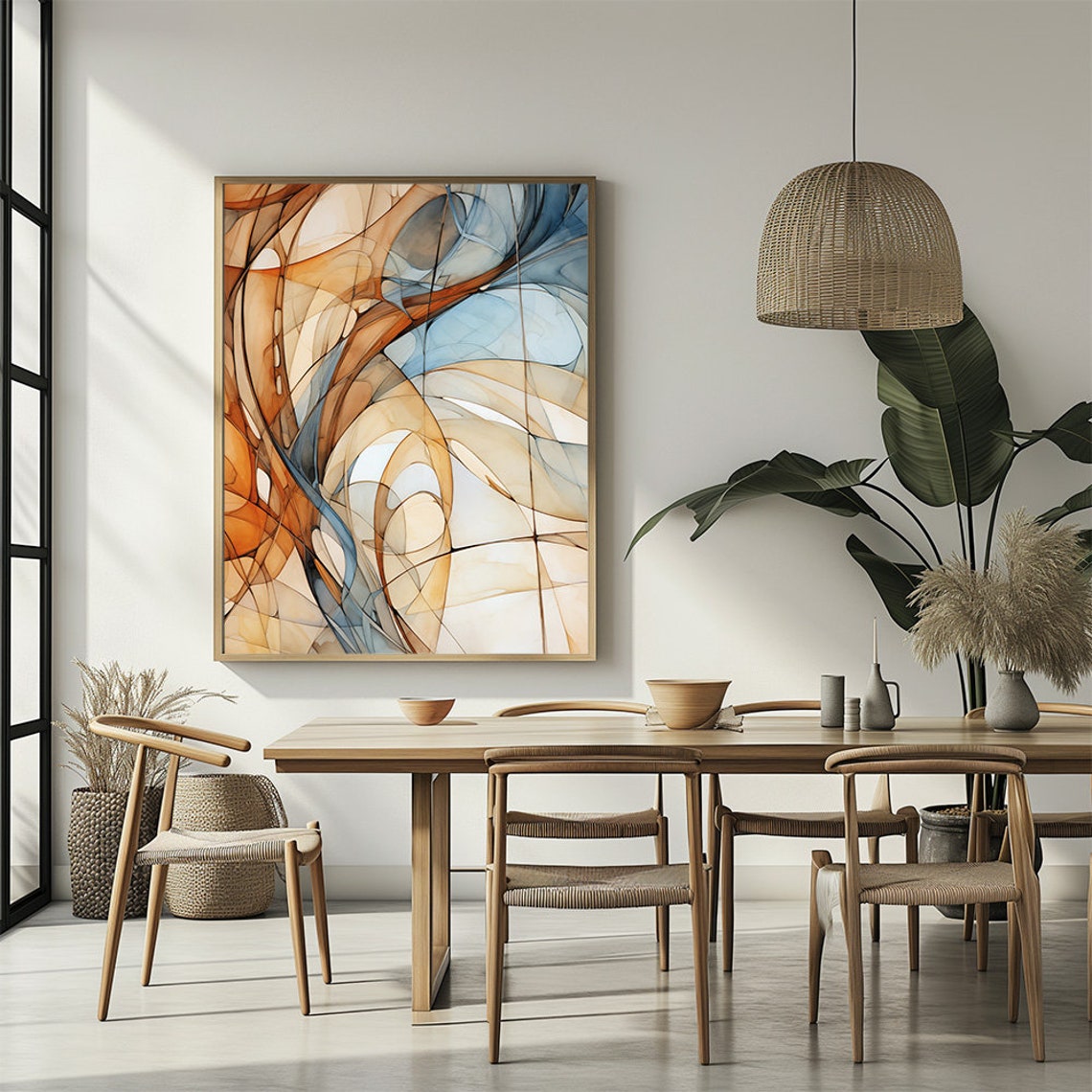 Abstract Amber Blue Flowing Lines Nordic Modern Wide Wall Print - Image 3