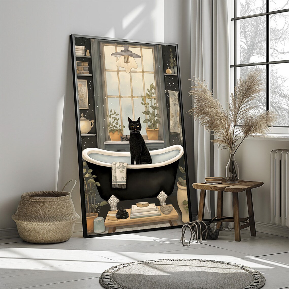 Elegant Black Cat In Vintage Bathtub Cozy Bathroom Decor Art Poster - Image 3