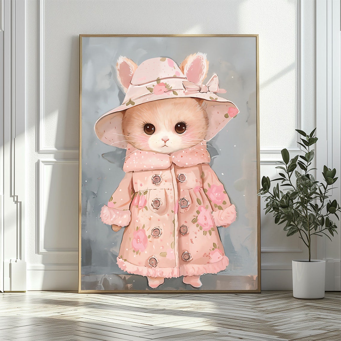 Chic Cat in Pink Floral Coat Nursery Poster With Adorable Hat - Image 2