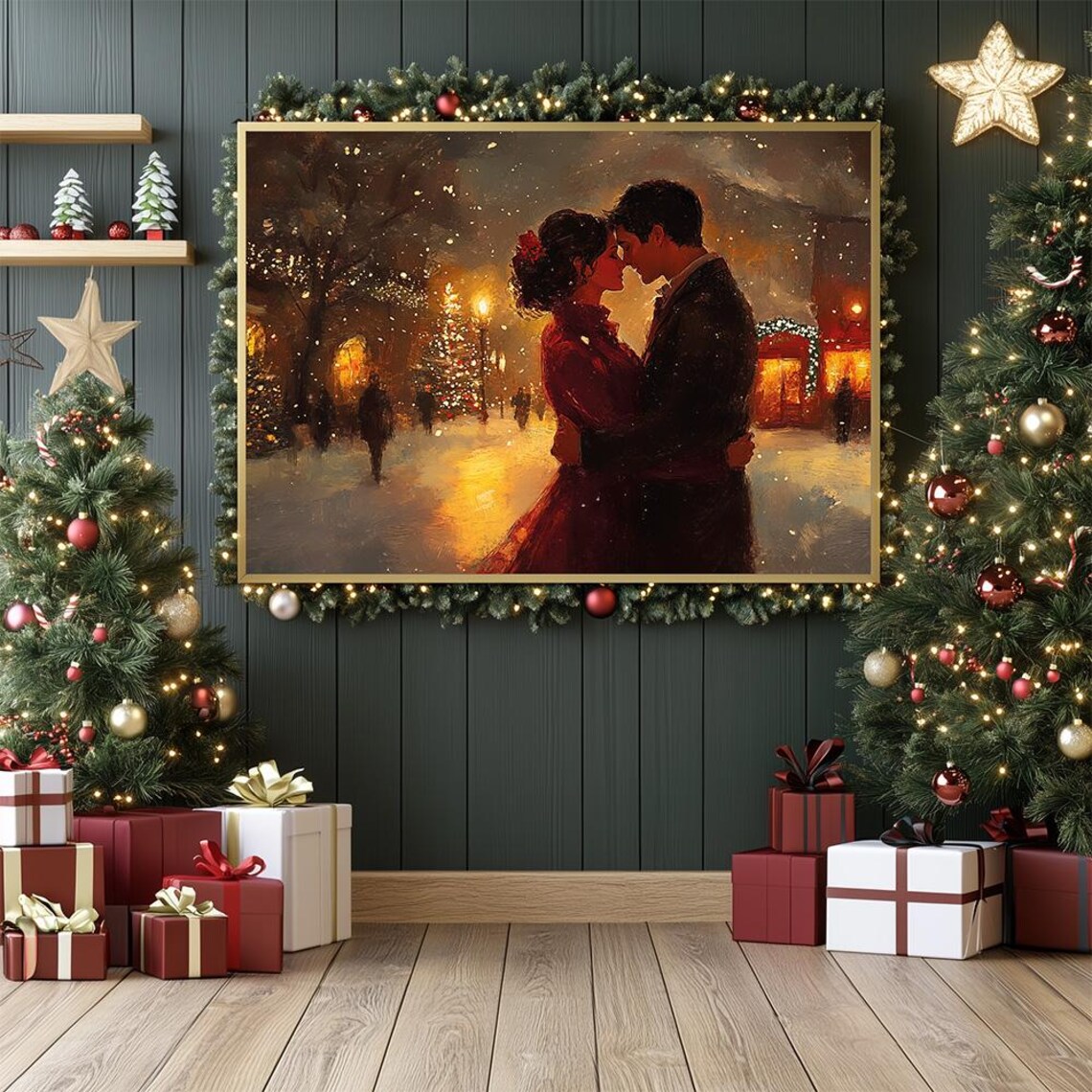 Vintage Christmas Couple Snowy Street Romance Holiday Poster - Image 2