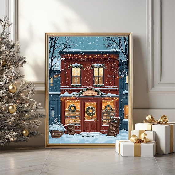 Christmas Bakery Illustration Poster, Cozy Winter Shop