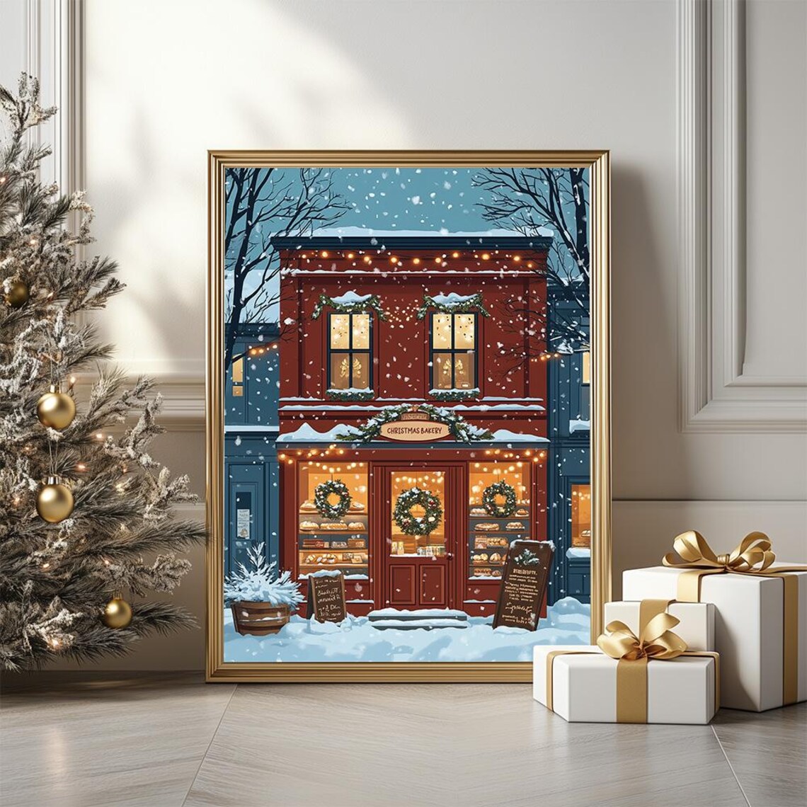 Christmas Bakery Illustration Poster, Cozy Winter Shop
