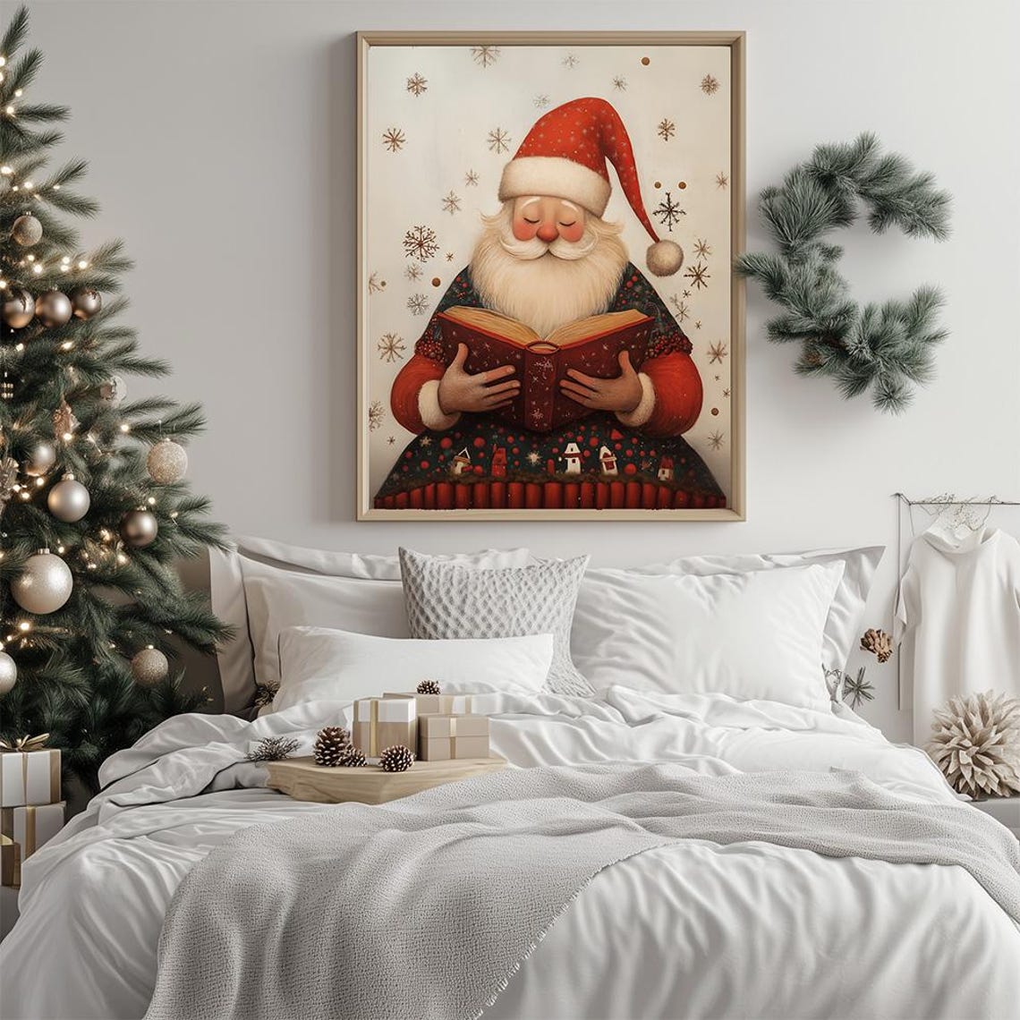 Santa Claus Reading Big Book Cozy Christmas Illustration Poster - Image 2